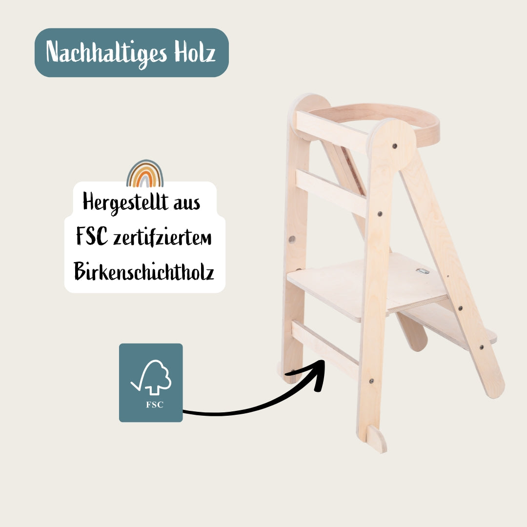 Montessori Lernturm Klappbar | Natur | mit Kippschutz | FSC