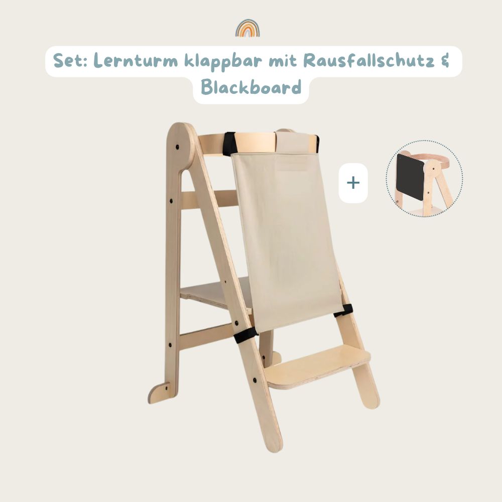 Set Lernturm klappbar natur mit Rausfallschutz & Blackboard