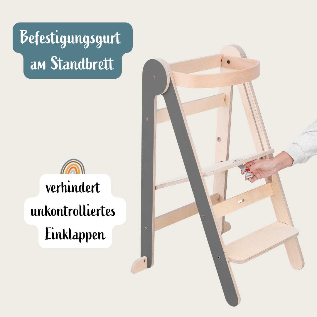 Montessori Lernturm Klappbar | Grau | mit Kippschutz | FSC