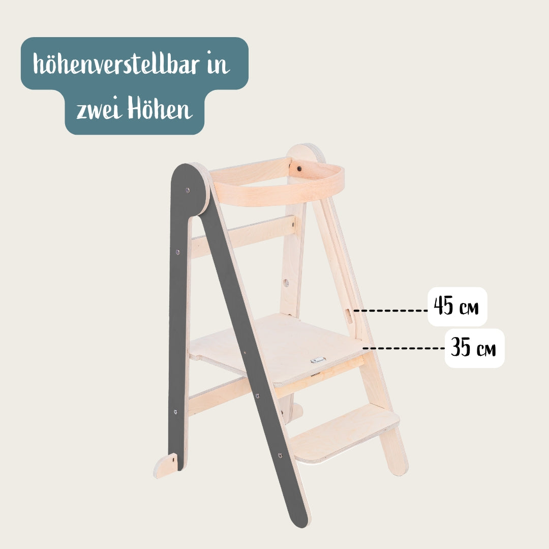Montessori Lernturm Klappbar | Grau | mit Kippschutz | FSC