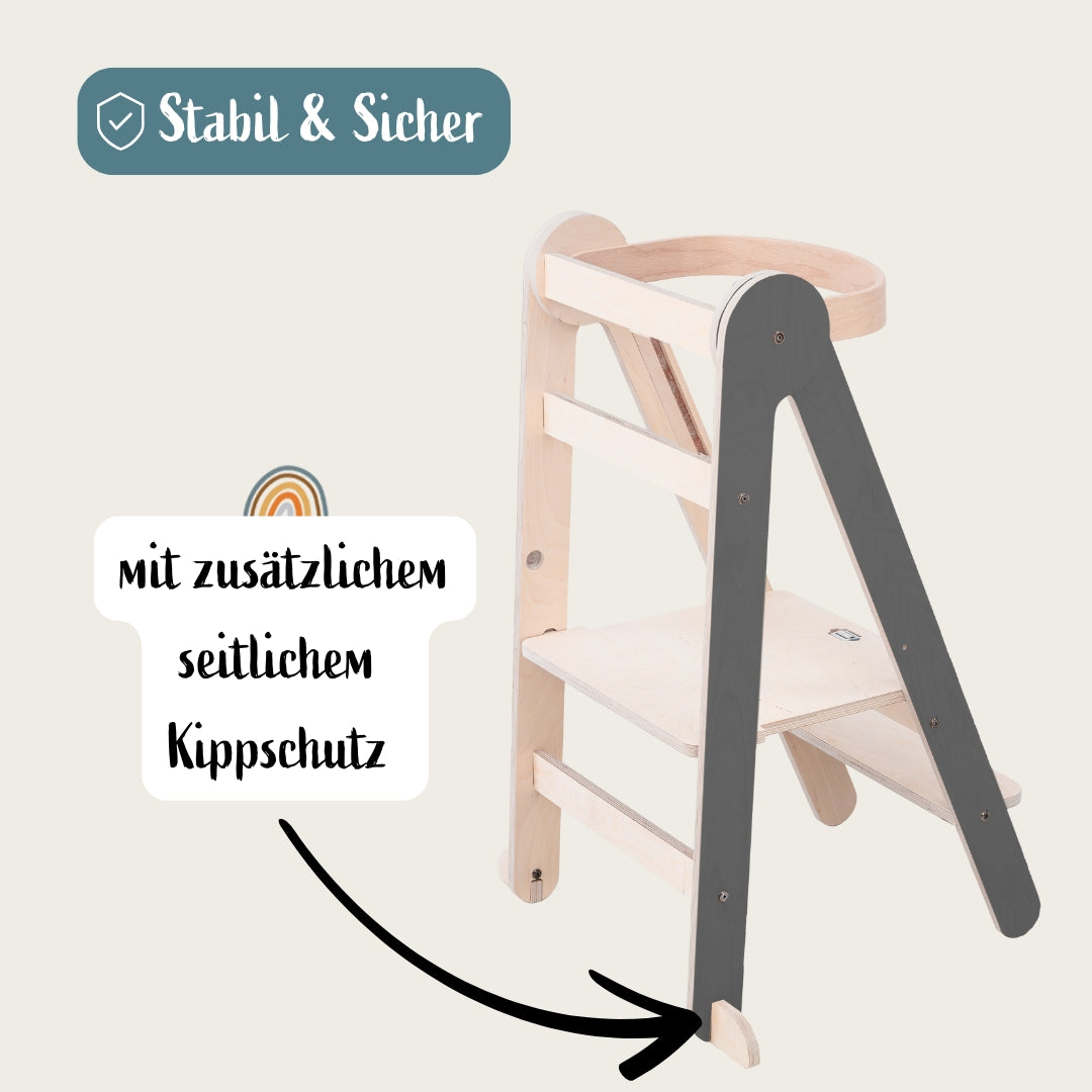 Montessori Lernturm Klappbar | Grau | mit Kippschutz | FSC
