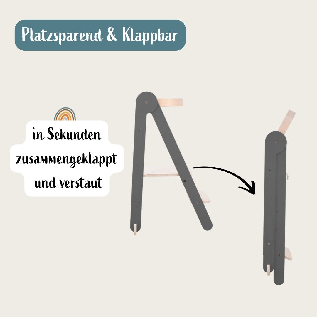 Montessori Lernturm Klappbar | Grau | mit Kippschutz | FSC