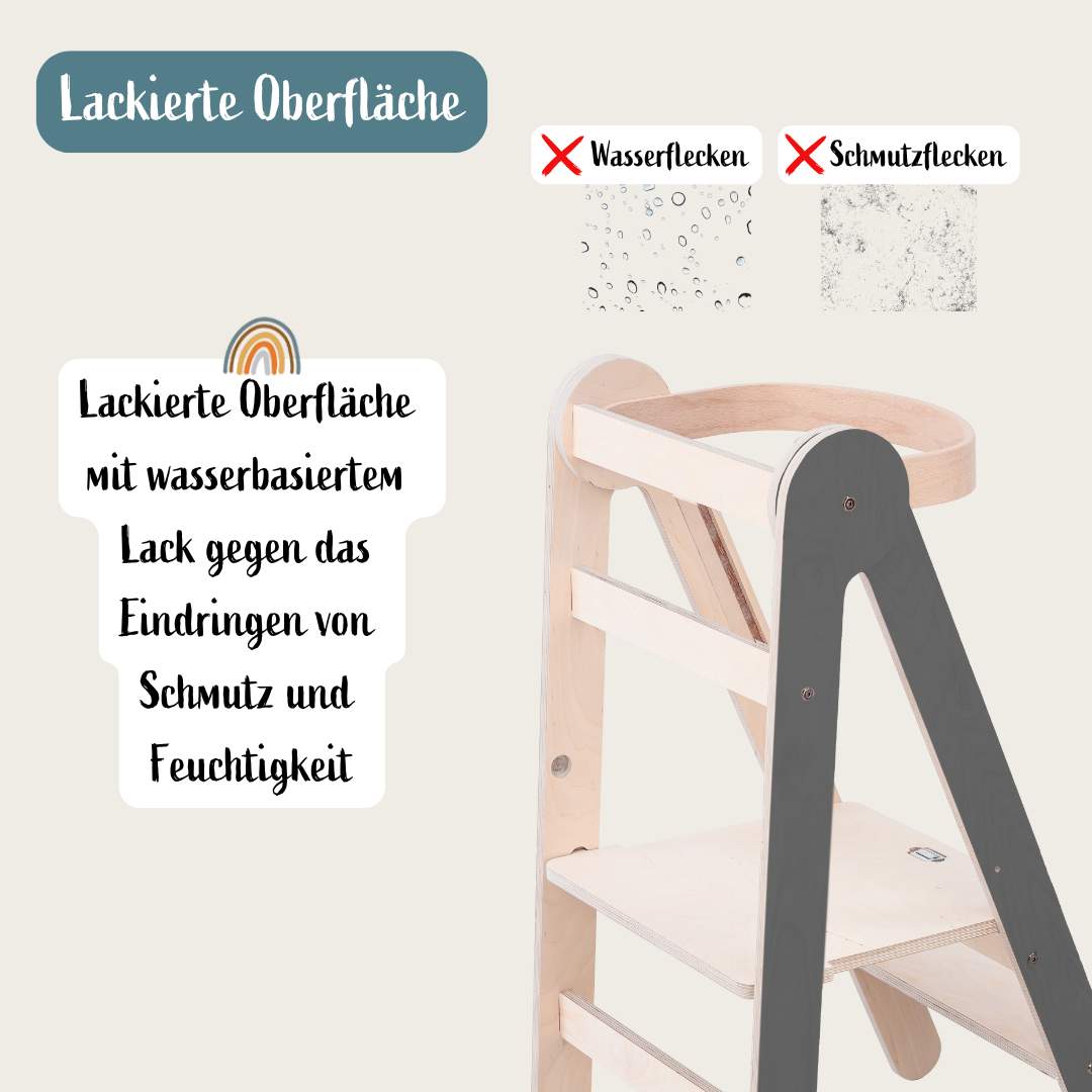 Montessori Lernturm Klappbar | Grau | mit Kippschutz | FSC