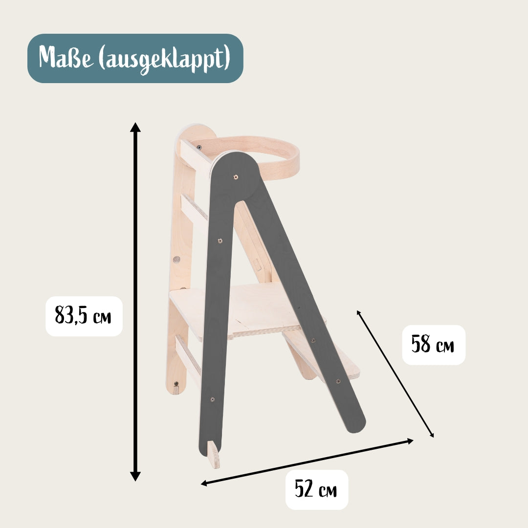 Montessori Lernturm Klappbar | Grau | mit Kippschutz | FSC