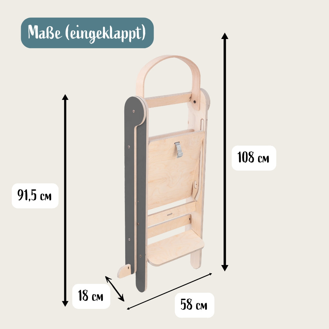 Montessori Lernturm Klappbar | Grau | mit Kippschutz | FSC