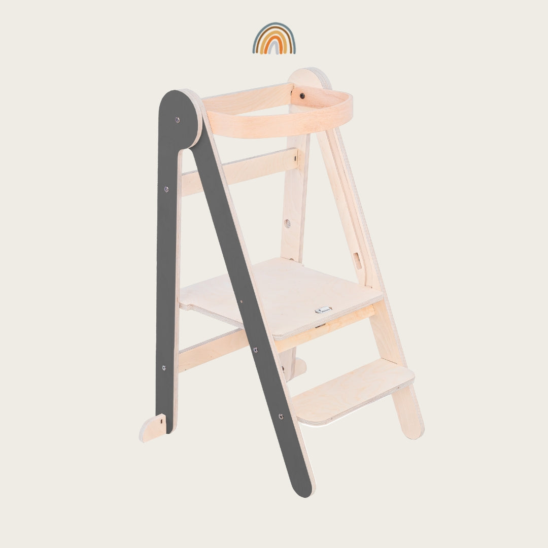 Montessori Lernturm Klappbar | Grau | mit Kippschutz | FSC