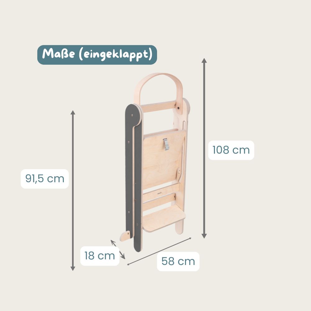 Montessori Lernturm Klappbar | Grau | mit Kippschutz | FSC