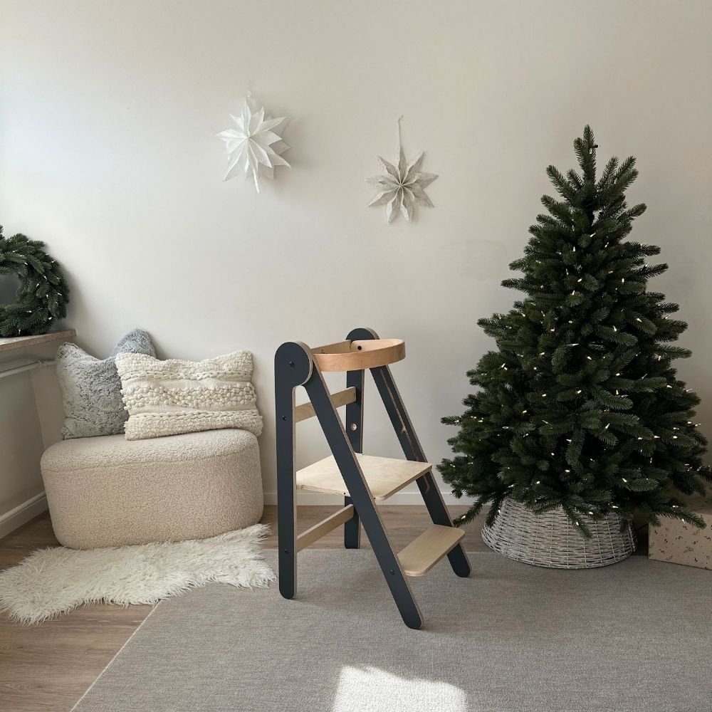 Montessori Lernturm Klappbar | Grau | mit Kippschutz | FSC