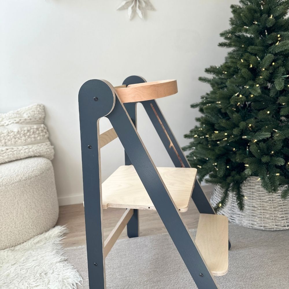 Montessori Lernturm Klappbar | Grau | mit Kippschutz | FSC