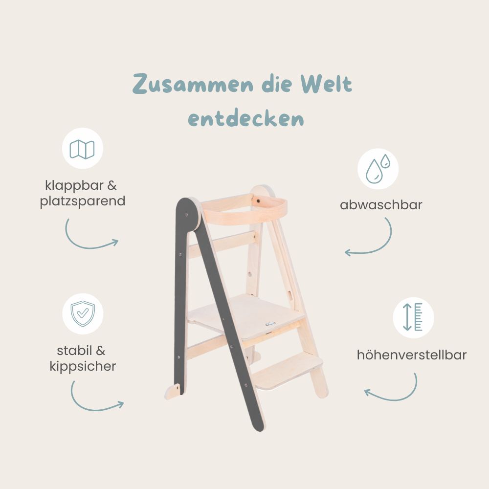 Montessori Lernturm Klappbar | Grau | mit Kippschutz | FSC