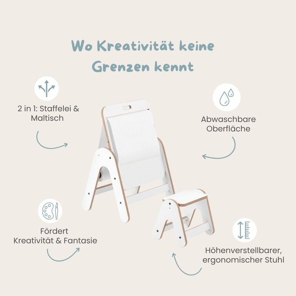 Montessori Maltisch für Kinder inklusive höhenverstellbarem Stuhl | Multifunktionales Mini-Atelier