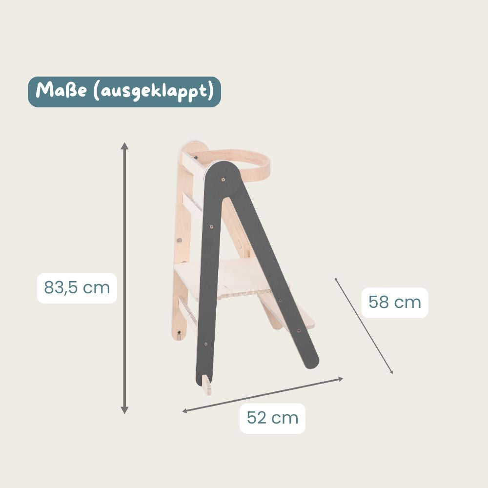Montessori Lernturm Klappbar | Grau | mit Kippschutz | FSC
